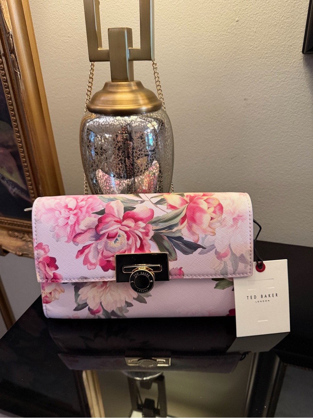 Ted Baker Pink Floral Chain Crossbody Bag with Gold Hardware
